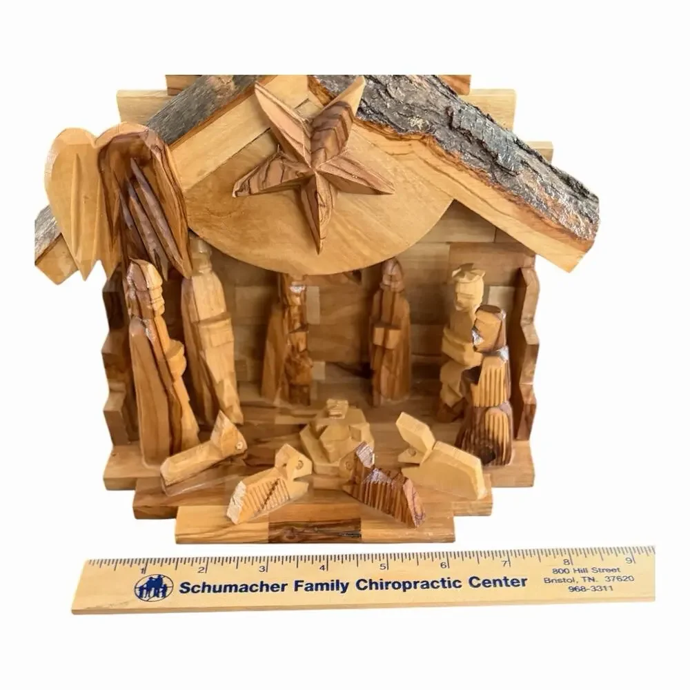 Nativity Hand Carved Olive Wood Crafted In Bethlehem MUSICAL Rotating Star